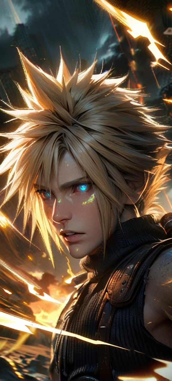 Symetrical,absurdres, highres, ultra detailed, HDR, masterpiece, extremely detailed face and eyes, Cloud Strife,final fantasy 7, yellow hair , , solo, man, handsome, ,, , Epic fight scene, yellow lightning effect, glowing glitters