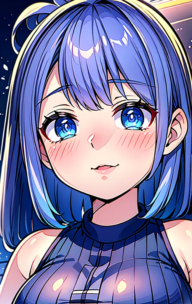 A beautiful vtuber woman, happy expression, vivir2d art style, detailed kawaii face, blue file, Arco Wada style, detailed eyes, detailed lips, 1girl, colorful, vibrant colors, glowing, soft lighting, photorealistic, 8k, high quality, masterpiece, huge bust