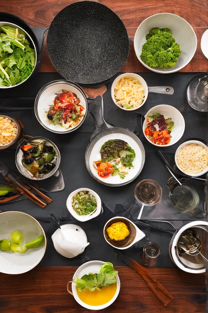 Head-up view，Modern kitchen tabletop，Posing for photos，food photography，Clean dishes，、