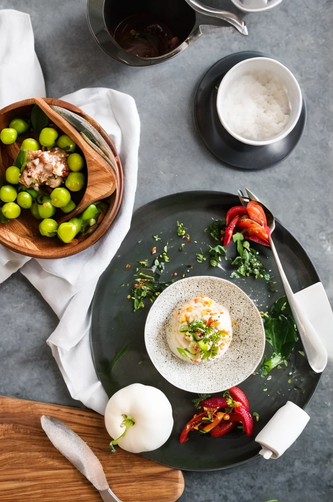 Head-up view,Modern kitchen tabletop,Posing for photos,food photography,Clean dishes,、