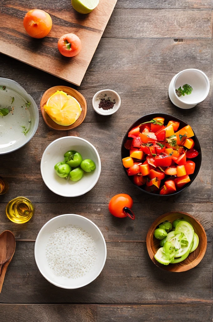 Head-up view，Modern kitchen tabletop，Posing for photos，food photography，Clean dishes，、