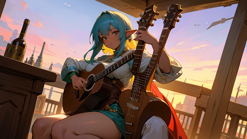 Anime Style,Nostalgic,Detailed background,The medieval world,A lively bar with lots of people,Beautiful sky,A beautiful dark-skinned bard elf,guitar,Large Breasts,Healthy thighs