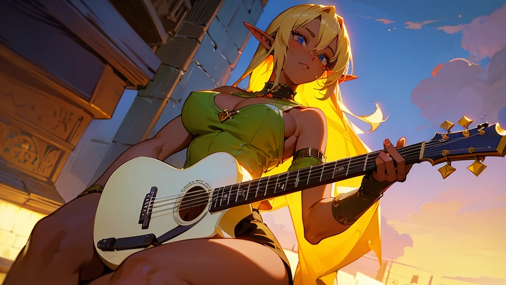 Anime Style,Nostalgic,Detailed background,The medieval world,A lively bar with lots of people,Beautiful sky,A beautiful dark-skinned bard elf,guitar,Large Breasts,Healthy thighs