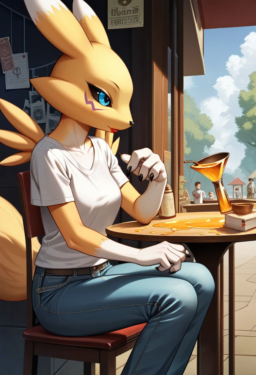 Fraction_9, Fraction_8_up, Fraction_7_Direction_6_Direction_5_Direction_4_up, rest, src_Japanese cartoons, Endless, Official Art, masterpiece, 1 Girl, renamon (Digimon), anthropology, Lovely, , very younger, young, , Uncensored, Oversized T-shirt, big jeans,Red lipstick, Sexy, Honey, prostitute, Dagasi, Blink