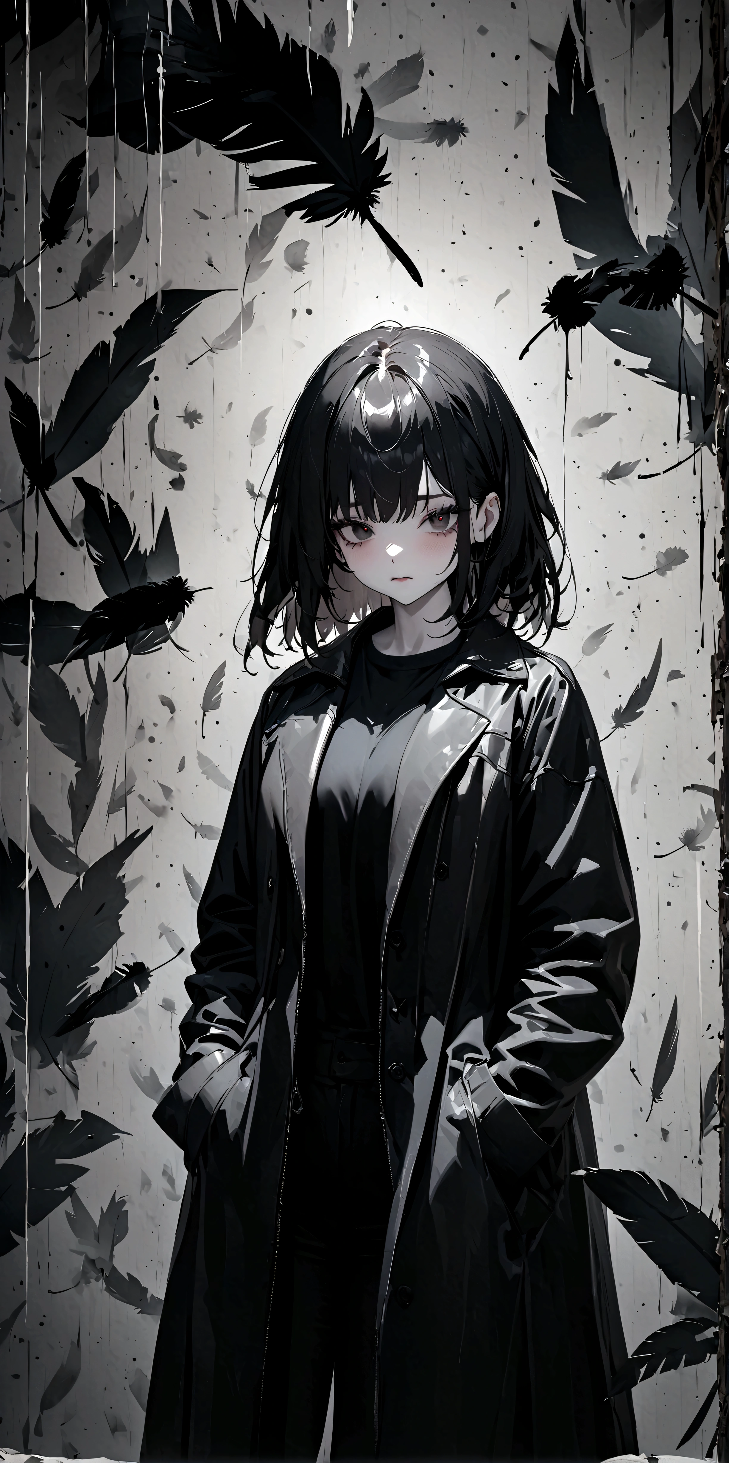 quality\(masterpiece, best quality,8k,wallpaper of extremely detailed CG unit,hight resolution,top-quality,top-quality real texture skin,hyper realisitic,increase the resolution,RAW photos,best qualtiy,highly detailed,the wallpaper\), BREAK ,1girl\(long black hair, dark slit eyes, long eyelashes, long black trench coat, pale skin, hands in pockets, lethargic face, dark circles under her eyes\) is looking down at viewer, many raven feathers are flying in the sky around her