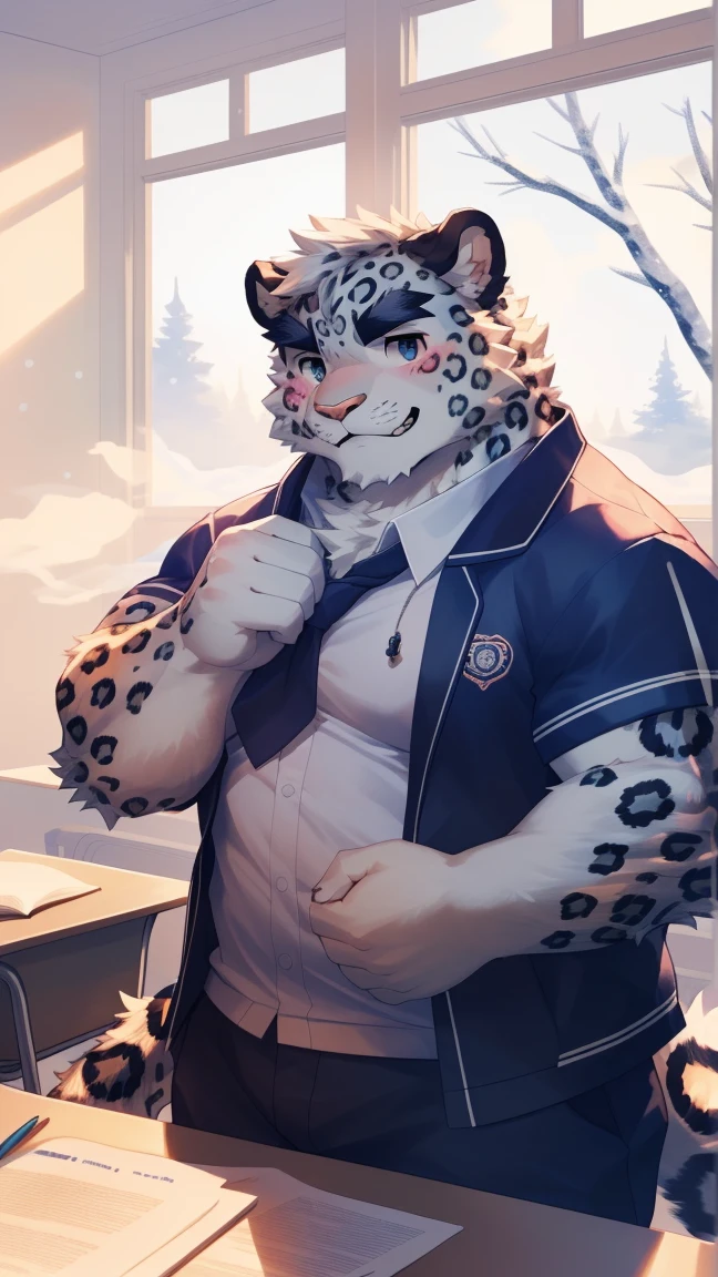 (Vision:1.5), solitary, anthropology, hairy, hairy male, snow leopard, ((Fluffy fur, Fluffy, hairy body)), (snow leopard print), (Thick eyebrows), youth, muscular, White and big skin, Blue-gray pupils, Detailed teeth, defaced face, fundos, student, 灰紫色student, Small bump, In classrooms, Do homework, sideways, Shy expression, A faint smile, blush, (Dynamic poses:1.5), Clear facial features, Strong, majestic, alone, panoramic, Fog atmosphere, early morning, Tyndall light effect, In classrooms, Sunlight through the window(By Empty Ghost, From snow leopard20, masterpiece, high quality, high resolution,8K)