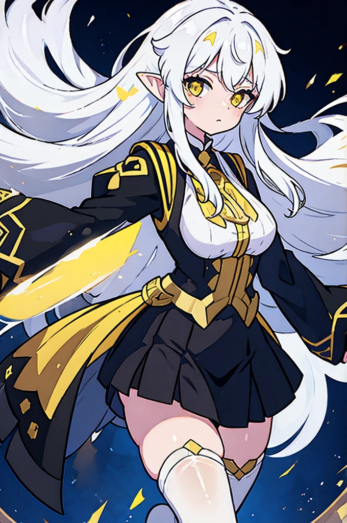 1 girl, One, long hair, yellow eyes, White hair, bare shoulders, skirt, breast, cut off sleeves,bang, long sleeves, hair flaps, closed mouth, black skirt,, shirt, pointed ears, stockings