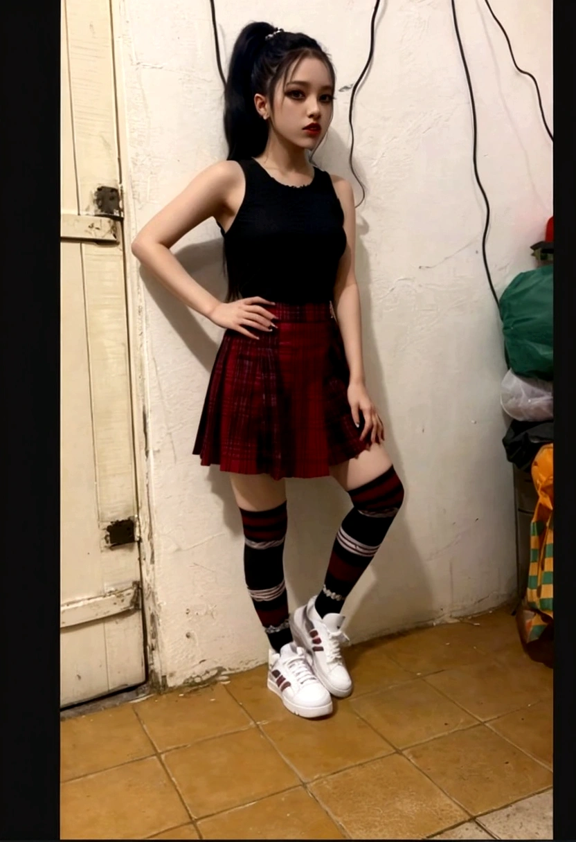 puffy girl with black blouse and red plaid skirt kpop style, posing fror a picture, wearing skirt and high socks, wearing a punk outfit, fishnet stockings and a long plaid skirt, wearing skirt, dressed like , punk outfit, outfit photo, dressed in punk clothing, wearing a tank top and skirt, photo by full body, dressed in crustpunk clothing