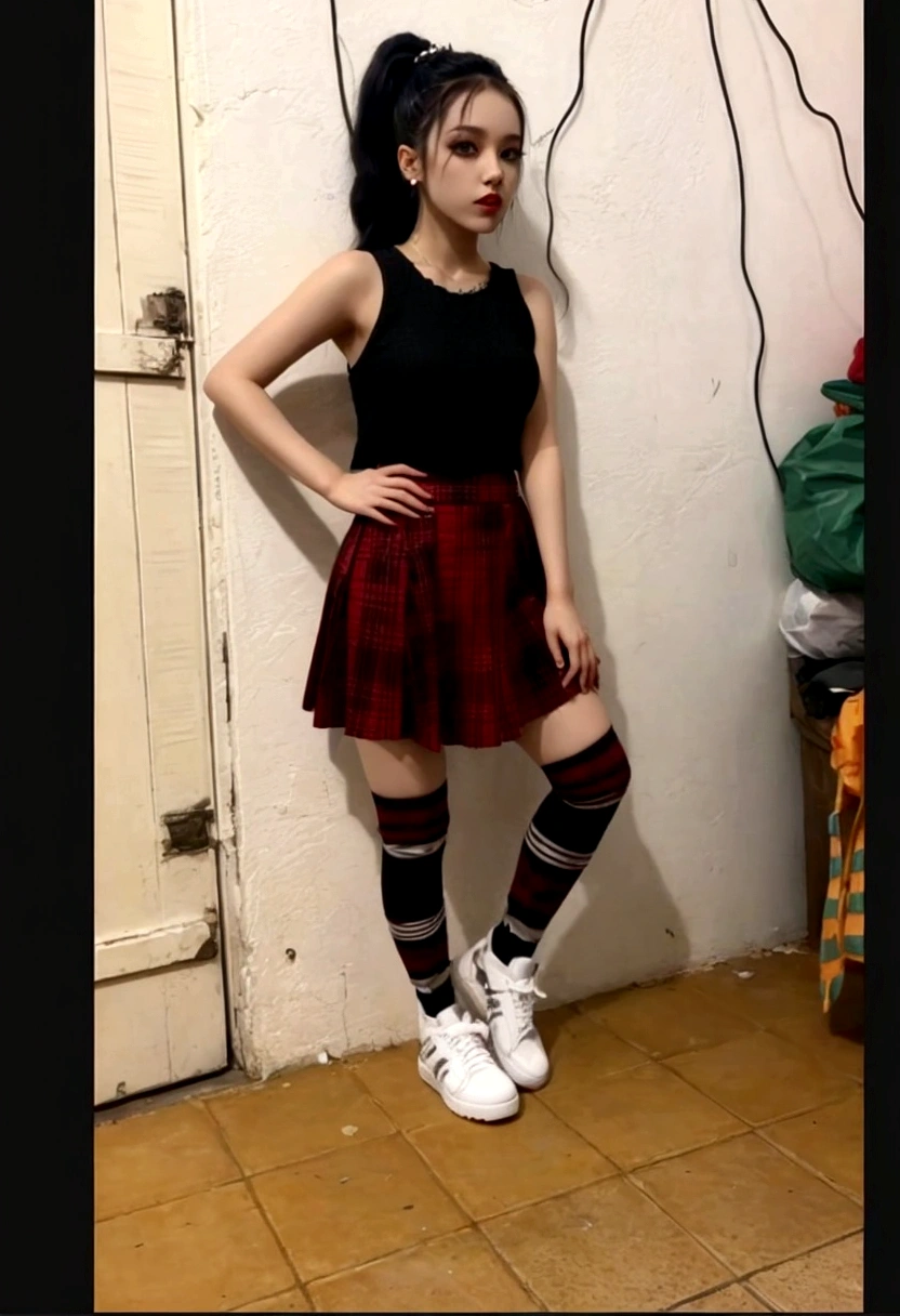 puffy girl with black blouse and red plaid skirt kpop style,  posing fror a picture, wearing skirt and high socks, wearing a punk outfit, fishnet stockings and a long plaid skirt, wearing skirt, dressed like , punk outfit, outfit photo, dressed in punk clothing, wearing a tank top and skirt, photo by full body, dressed in crustpunk clothing