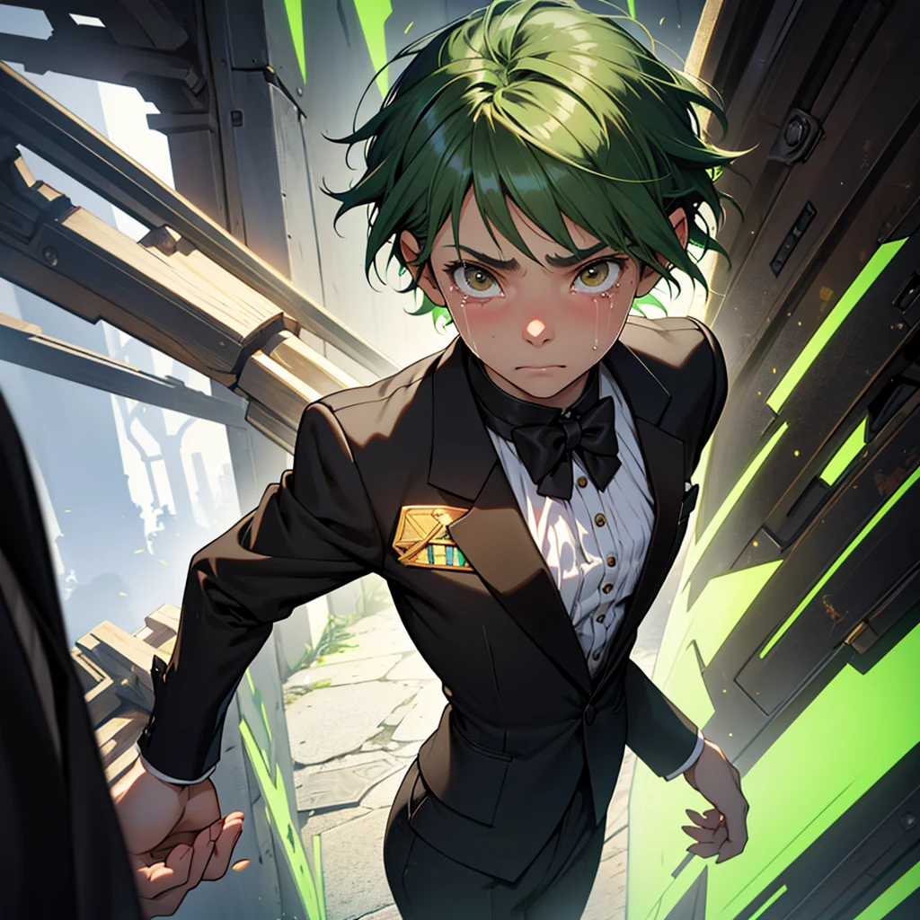 A 13 year old , a girl, a girl, , fragile body, guilty face, worried face, crying face, small and fragile body, small green hair, short hair, brown eyes, medieval times, wearing a suit, black suit, tuxedo, wearing a black tuxedo, medieval background, Ultra HD 4k, 4k, Ultra HD