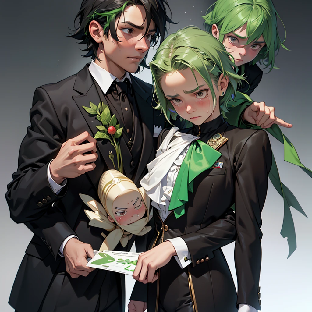 A 13 year old , a girl, a girl, , fragile body, guilty face, worried face, crying face, small and fragile body, small green hair, short hair, brown eyes, medieval times, wearing a suit, black suit, tuxedo, wearing a black tuxedo, medieval background, Ultra HD 4k, 4k, Ultra HD