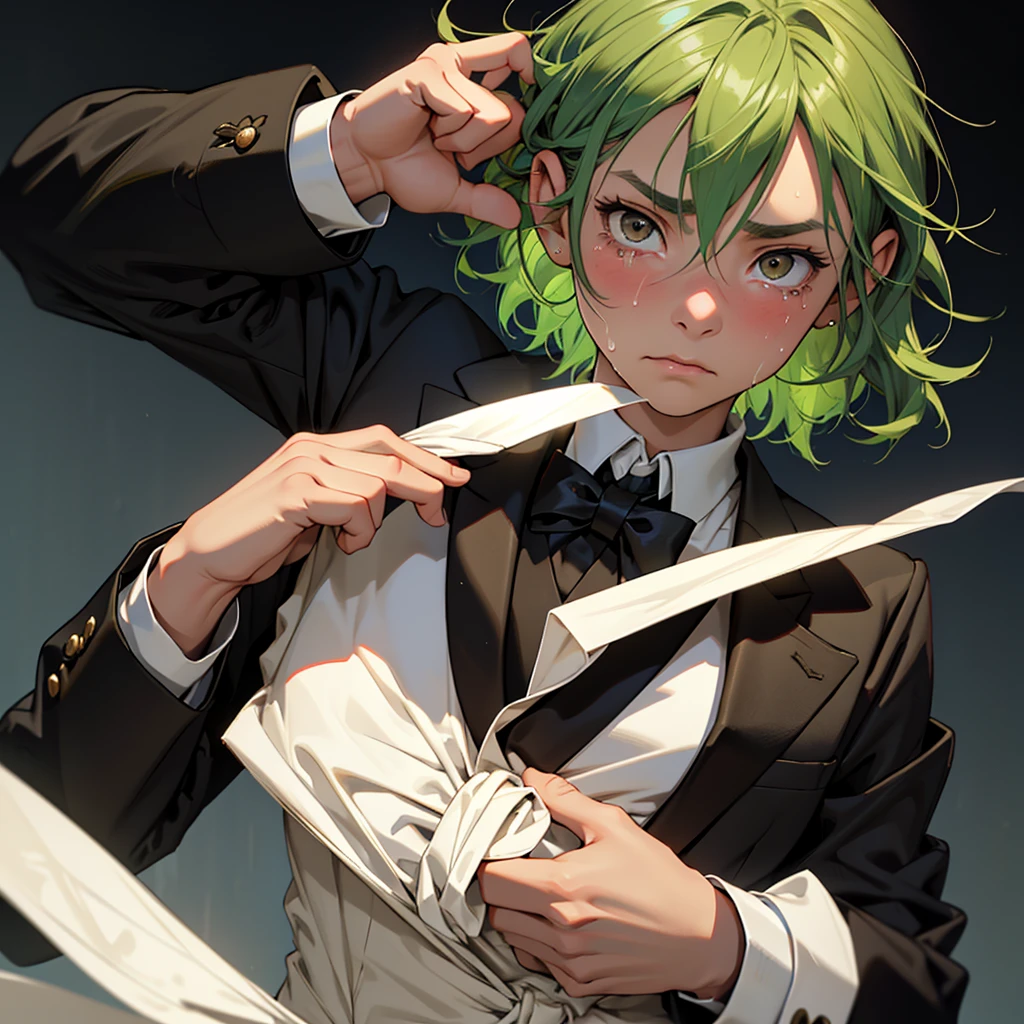 A 13 year old , a girl, a girl, , fragile body, guilty face, worried face, crying face, small and fragile body, small green hair, short hair, brown eyes, medieval times, wearing a suit, black suit, tuxedo, wearing a black tuxedo, medieval background, Ultra HD 4k, 4k, Ultra HD