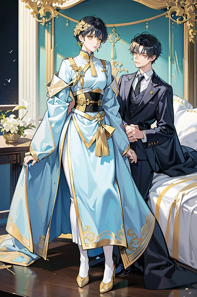 short messy black hair, bedroom soft yellow eyes, fancy light blue and white Japanese style suit, gold corset, small waist, gold earrings, hands behind back, proper pose, full body view, masculine male, standing alone