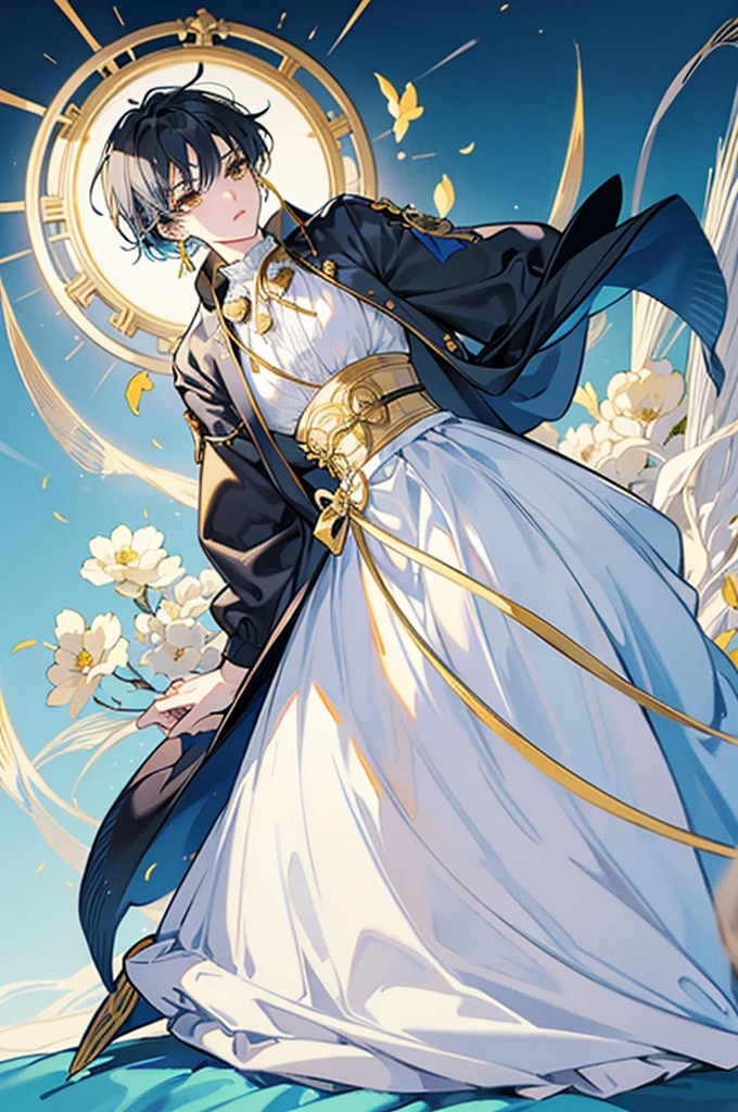short messy black hair, bedroom soft yellow eyes, fancy light blue and white Japanese style suit, gold corset, small waist, gold earrings, hands behind back, proper pose, full body view, masculine male, standing alone