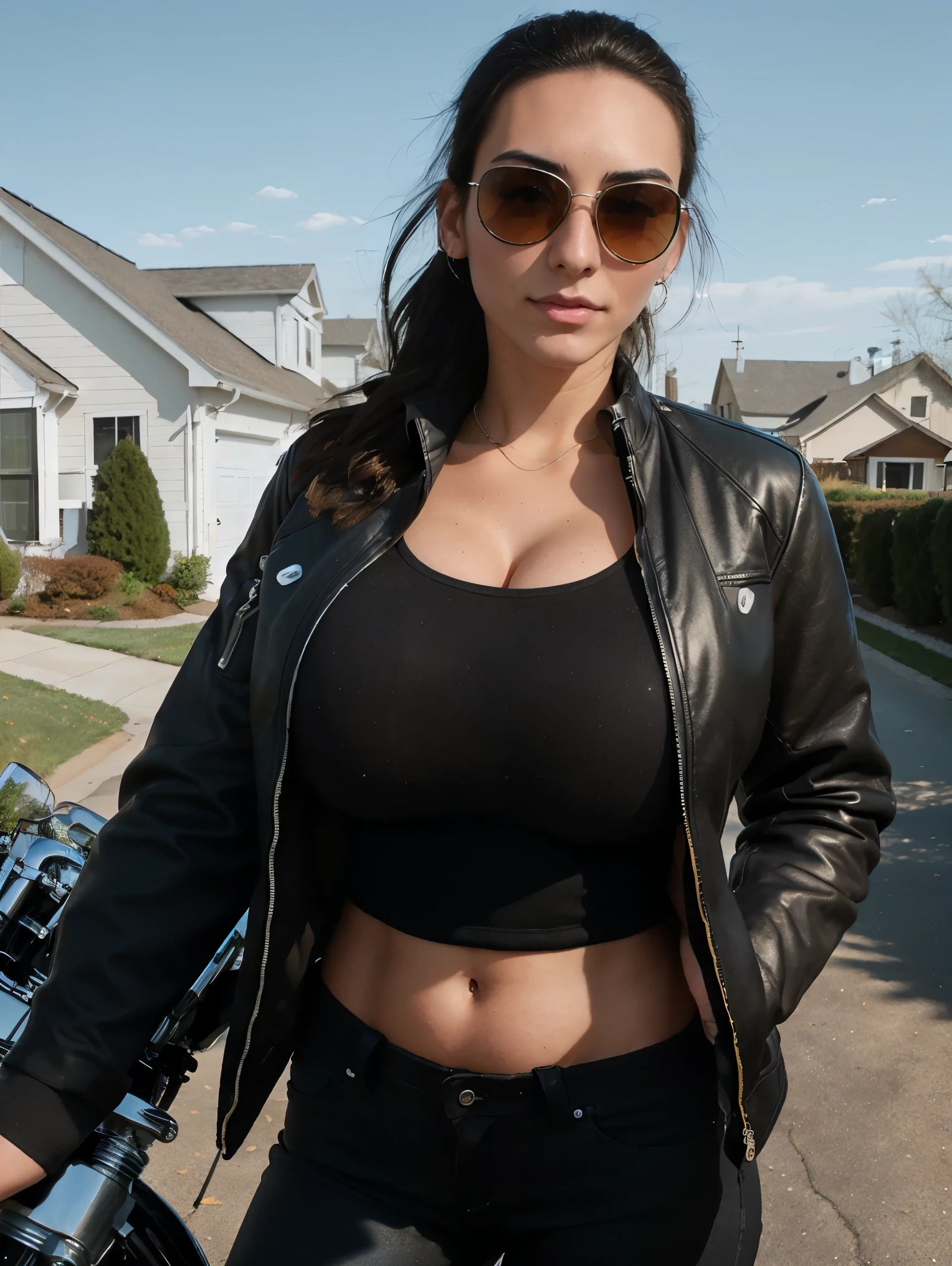 Extremely busty thin and toned brunette biker, college girl, fair skin, hair pulled back, soft face, athletic, motorcycle jacket, sunglasses, tight pants. standing in front of her house, outdoors, driveway, suburbs, biker attire, unzipped, cleavage