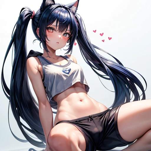 masterpiece,One Girl,alone ,Heart-shaped pupils,Open the front,hoodie,,  Eating curry　Dark blue hair girl, Cat ears and tail, Wearing a tank top and racing pants.　Loli body type　　Twin tails　Female genitalia is visible　　Detailed depiction of female genitalia　Flat Chest　Stern expression　Spread your legs