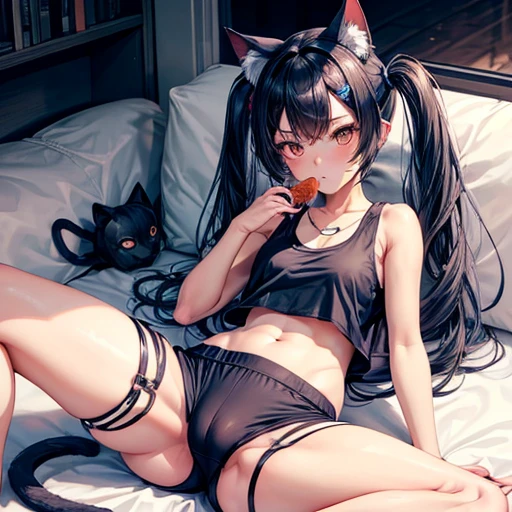 masterpiece,One Girl,alone ,Heart-shaped pupils,Open the front,hoodie,,  Eating curry　Dark blue hair girl, Cat ears and tail, Wearing a tank top and racing pants.　Loli body type　　Twin tails　Female genitalia is visible　　Detailed depiction of female genitalia　Flat Chest　Stern expression　Spread your legs