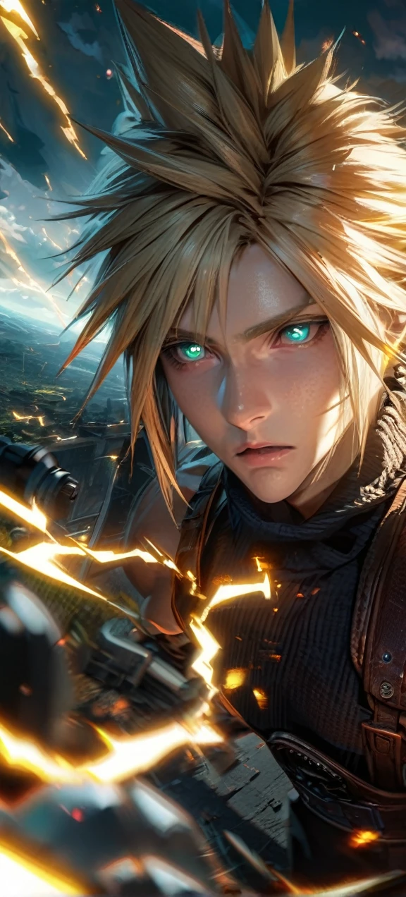 Symetrical,absurdres, highres, ultra detailed, HDR, masterpiece, extremely detailed face and eyes, Cloud Strife,final fantasy 7, yellow hair , , solo, man, handsome, ,, , Epic fight scene, yellow lightning effect, glowing glitters