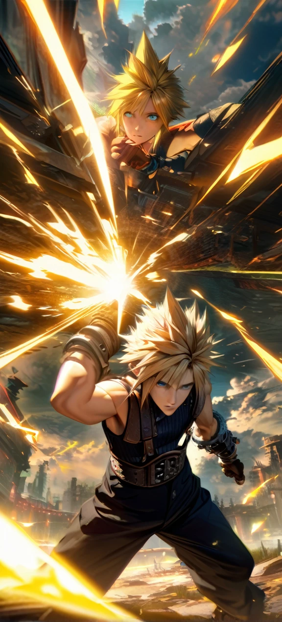 Symetrical,absurdres, highres, ultra detailed, HDR, masterpiece, extremely detailed face and eyes, Cloud Strife,final fantasy 7, yellow hair , , solo, man, handsome, ,, , Epic fight scene, yellow lightning effect, glowing glitters