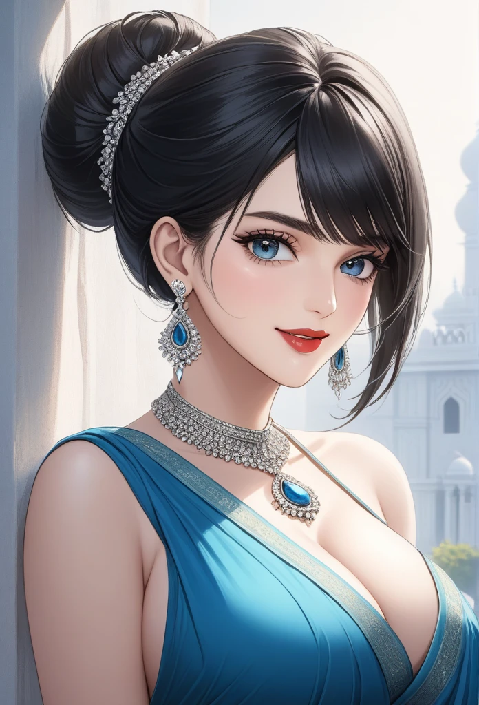 , inspired by Emma Andijewska, draped in crystals, silver color, long earrings, sandra chevier, huge earrings, blue-eyed, platinum jewellery, earring, flawless structure, silver earring,  , a woman, Kriti Sanon, outdoors, realistic skin texture, smiling,   post-processing, Maximum texture, masterpiece, ultra-detailed, photorealistic, realistic, real picture, hyperrealism, Sharp focus, insane details, intricate details,  full sharp, detailed face, realistic eyes,simple white stucco background  ,big hoop  earrings, makeup,white skin,sharp jawline ,big earrings, oversized earrings,big breasts,full body view ,saree,black hair, necklace, eyeliner, eyeshadow, foundation, jewelry,bangles, anklet,silky hair ,hair single bun,bangs,face makeup, eyeliner,red lipstick 