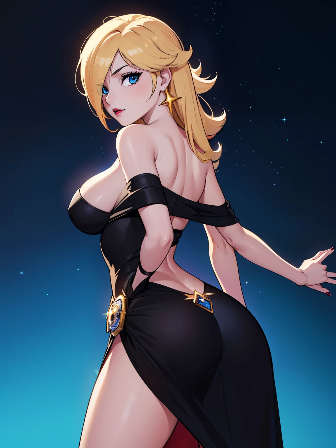 ((high detailed, best quality, 4k, masterpiece, hd:1.3)), Rosalina, blue eyes, BREAK blue eyes, seductive, attractive, sexy smile, smiling, smooth anime cg art, 36C breasts, long legs, vivid colors, detailed digital art, slim body, perfect skin, blonde hair, hair over one eye, long hair, BREAK crown, cleavage, 36C cleavage, looking at viewer, BREAK looking at viewer, extremely detailed face, golden dress, shiny golden dress, golden dress with sparks, earrings, star earrings, jewelry, gem, dark black makeup lips, dark gothic eyeshadows, dark eyeshadows, black eyeshadows, black sexy lips, black lips, (dark:1.2), dark lips, very dark lips, (perfect hands, perfect anatomy), black makeup, black medium lips, black thick lips, detailed fingers, five fingers per hand, 5 fingers, (1 girl), detailed lips, detailed black lips, black painted lips, gothic painted lips, BREAK night, night sky, sky, star \(sky\), star \(symbol\), space, sun, (breast focus), (arms behind back:1.2), (from below:1.1), (breasts out:1.3), (off shoulder:1.1), (((With your back turned:1.5, Looking Back Pose))), ((Looking back)), (from behind: 1.1)