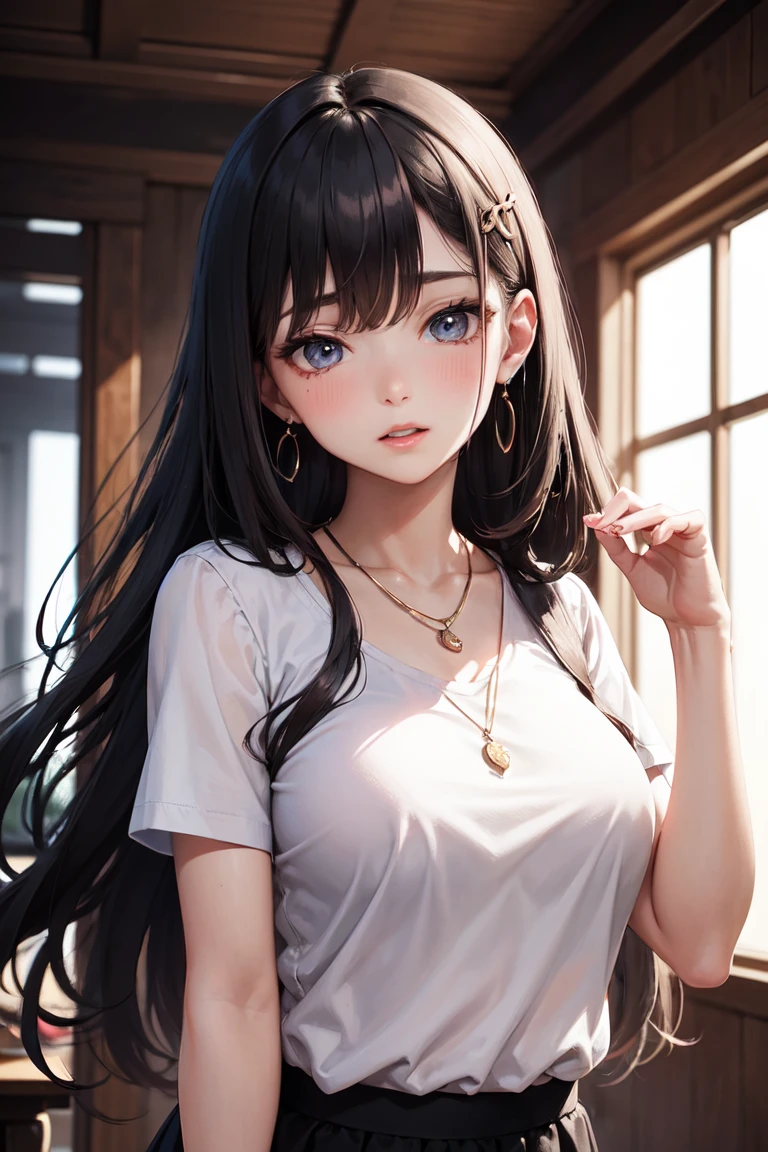 A young woman with long, luscious locks and a subtle blush on her cheeks stands confidently, her breasts visible beneath a white, short-sleeved shirt. Her bangs frame her parted lips, which seem to whisper secrets only to the viewer. A delicate hair ornament adorns her tresses, matching the elegance of her black skirt with side slit. Around her neck lies a dainty necklace, complemented by earrings that catch the sunlight filtering through the sky. Her hand rises, as if beckoning the audience closer, while her eyes hold a playful sparkle, inviting us into her world.