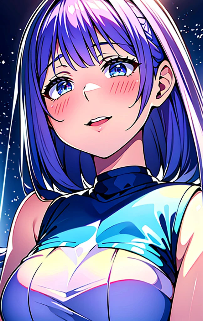 A beautiful vtuber woman, happy expression, vivir2d art style, detailed kawaii face, blue file, Arco Wada style, detailed eyes, detailed lips, 1girl, colorful, vibrant colors, glowing, soft lighting, photorealistic, 8k, high quality, masterpiece, huge bust 