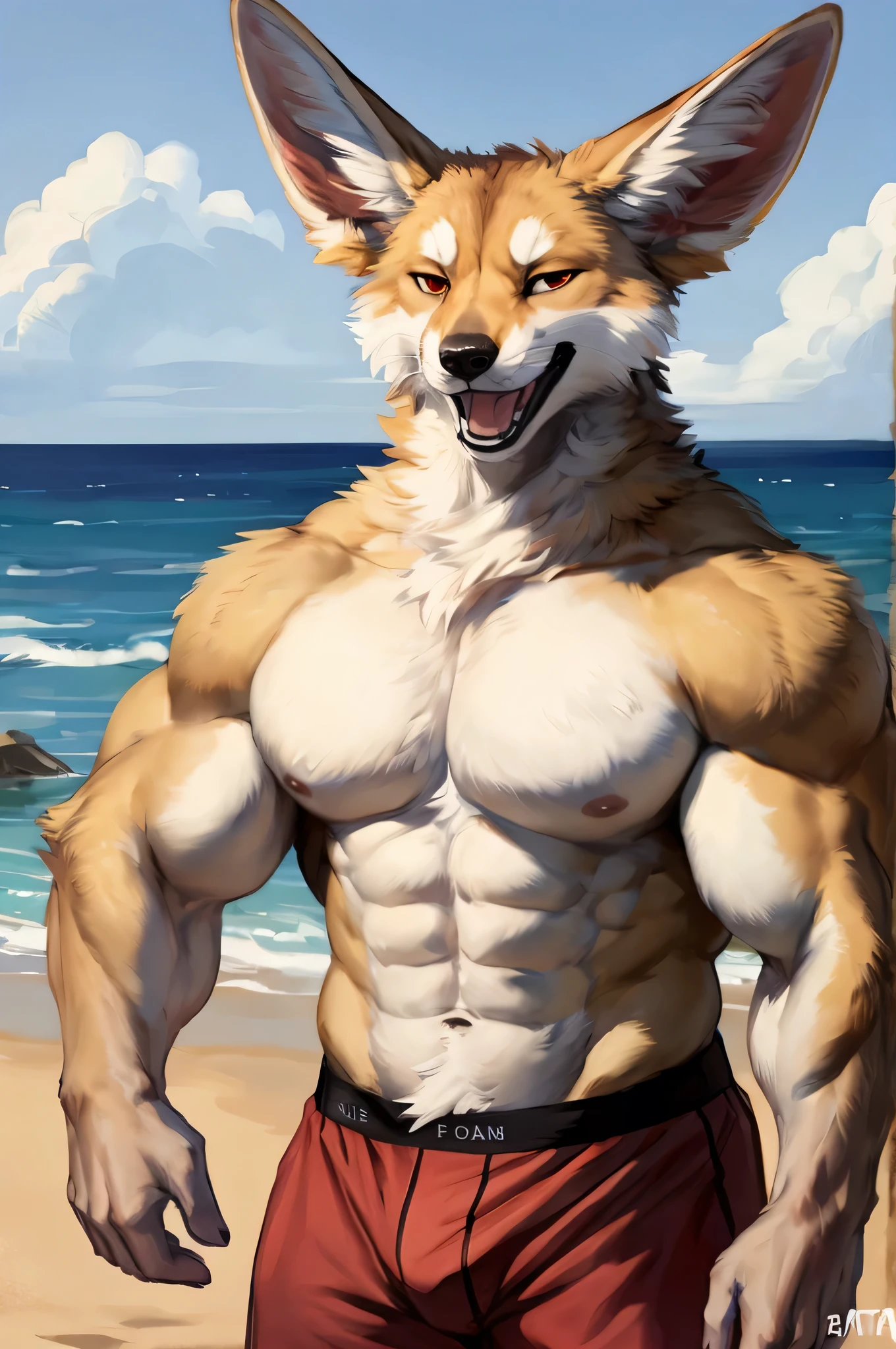 (solo, furry, anthro, hyper realistic, realistic fur), male, front view, muscular body, Fennec, smug, smirk, laughing, wide open mouth, wearing ((dark red)) boxer shorts, hands behind back, ((((massive muscular arms)))), standing, beach, blurred background, by bebebebebe:1.2, by buta99,by foxovh, by ruan jia