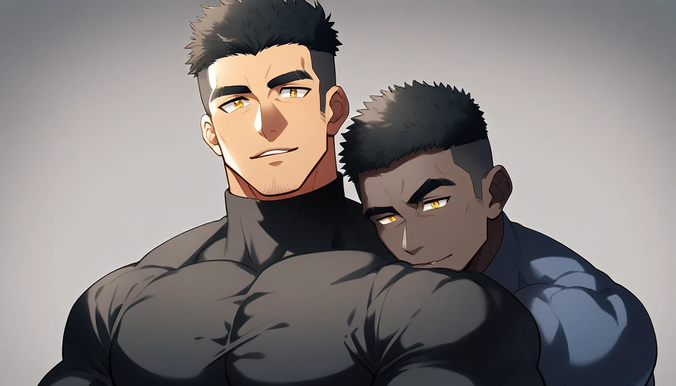anime characters:Two superheroes in tights, Muscle superhero, negro black skin, They hugged and kissed each other, Caress, Manliness, male focus, Yellow and black high collar long sleeve tight T-shirt, Slightly transparent material, Very tight, Round, full and perky chest muscles, Male dog waist, Slightly transparent, muscular male, muscular, only, Upper body, alone, Black short hair, Thick eyebrows, stubble, Yellow eyes, Grey background, simple background, amazing quality, best aesthetics, Ridiculous, bright pupils, crew cut, parted lips, seductive smile, torogao, naughty face, drop shadow, best quality