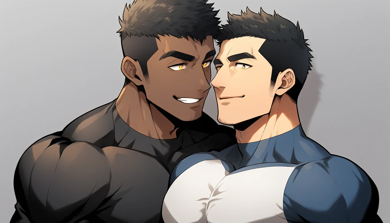 anime characters：Two superheroes in tights, Muscle superhero, negro black skin, They hugged and kissed each other, Caress, Manliness, male focus, Yellow and black high collar long sleeve tight T-shirt, Slightly transparent material, Very tight, Round, full and perky chest muscles, Male dog waist, Slightly transparent, muscular male, muscular, only, Upper body, alone, Black short hair, Thick eyebrows, stubble, Yellow eyes, Grey background, simple background, amazing quality, best aesthetics, Ridiculous, bright pupils, crew cut, parted lips, seductive smile, torogao, naughty face, drop shadow, best quality