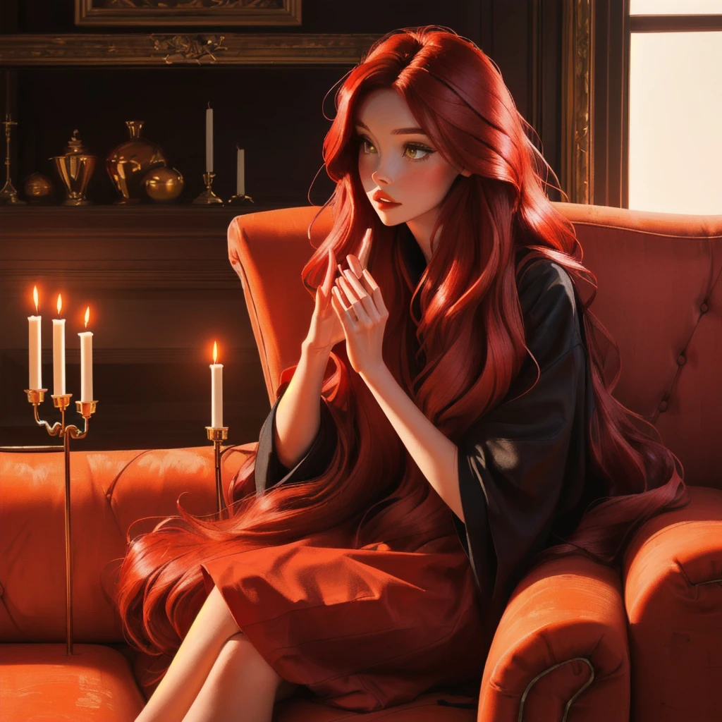 a closeup of a woman sitting on a sofa with a candle, long shiny red hair, redhead woman, beautiful redhead woman, Orange peel and long fiery hair., redhead girl, bright red hair, woman with red hair, red hair girl, long loose red hair, redhead girl, long curly red hair, long red hair, loose red hair, long loose red hair