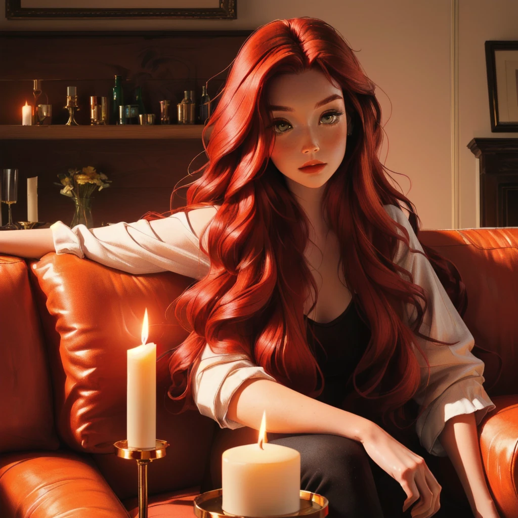 a closeup of a woman sitting on a sofa with a candle, long shiny red hair, redhead woman, beautiful redhead woman, Orange peel and long fiery hair., redhead girl, bright red hair, woman with red hair, red hair girl, long loose red hair, redhead girl, long curly red hair, long red hair, loose red hair, long loose red hair