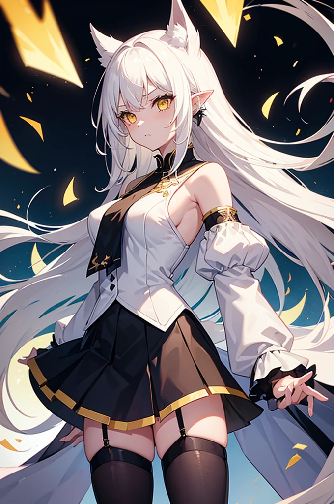 1 girl, One, long hair, yellow eyes, White hair, bare shoulders, skirt, breast, cut off sleeves,bang, long sleeves, hair flaps, closed mouth, black skirt,, shirt, pointed ears, stockings