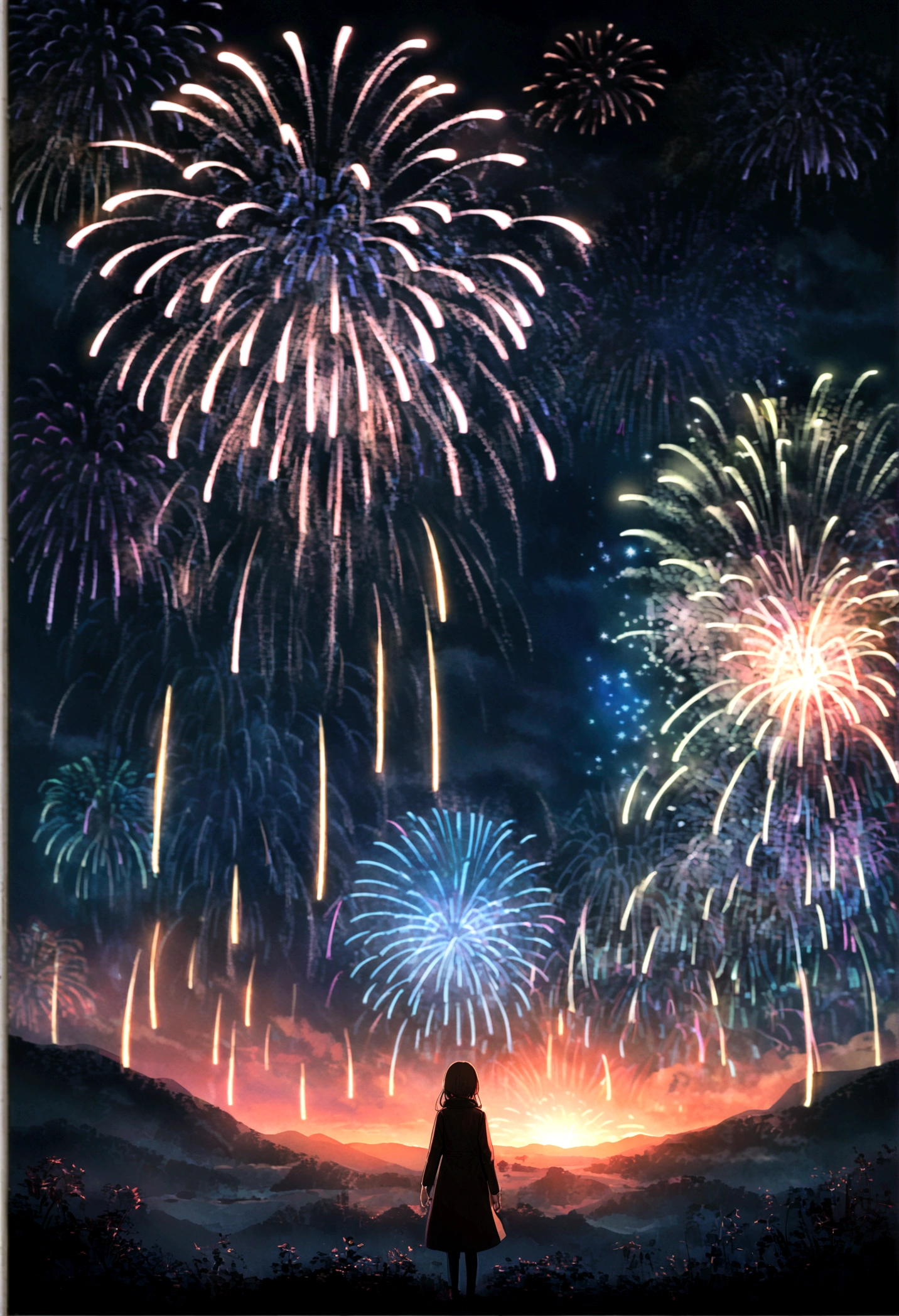 In the vast night sky，(Amazing fireworks:1.3)It&#39;s full of colorful lights，Blooms in an instant(beautiful photo:1.2)。The landscape spreads out and there is no one there