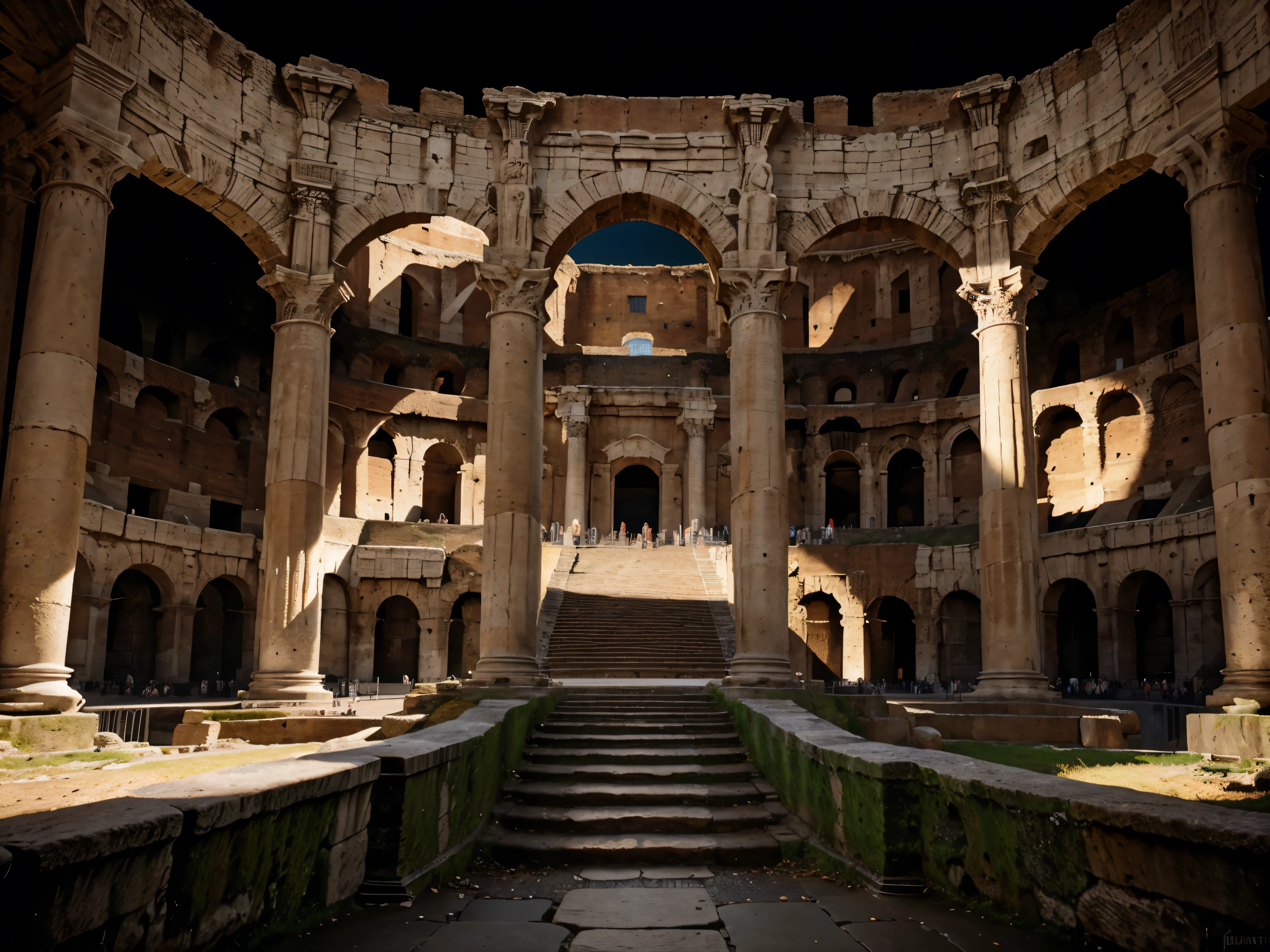 a massive ancient Roman amphitheater,the Colosseum in Rome,Italy,detailed architecture,intricate stone carvings,dramatic lighting,sweeping vistas,awe-inspiring scale,historical grandeur,photorealistic,8k,ultra-detailed,cinematic composition,vivid colors,dramatic shadows,dramatic lighting,moody atmosphere,realistic textures,architectural masterpiece