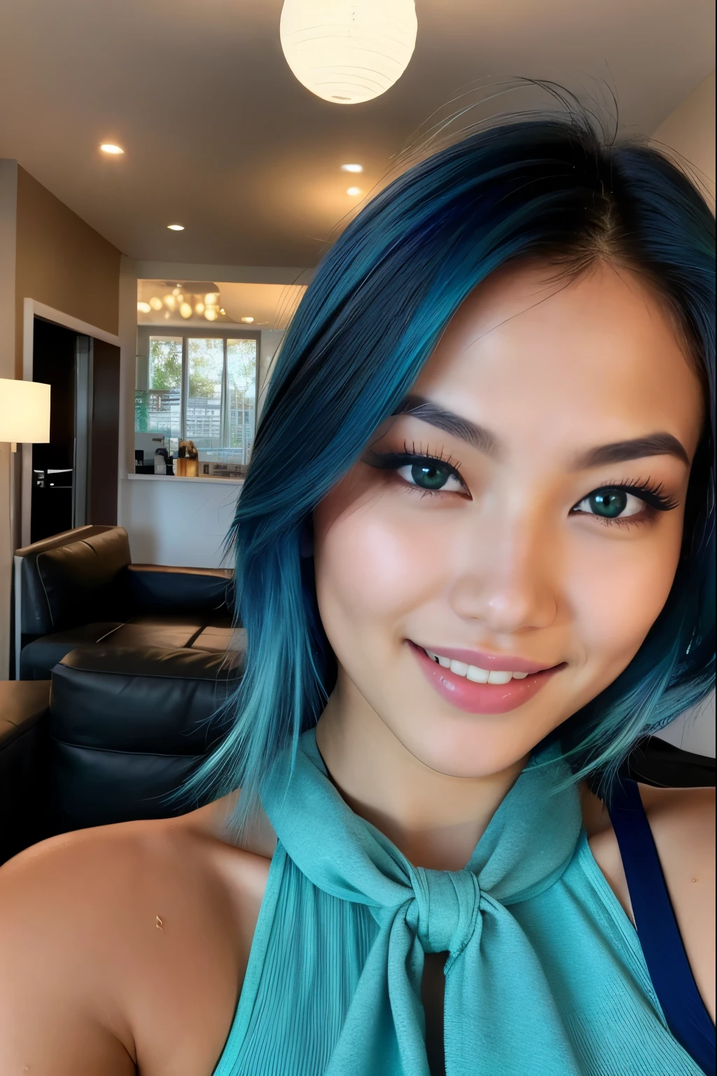 photo of (emikin:0.99), woman as a sexy TikTok influencer, cobalt hair, blue hair , teal hair , shoulder-length hair, woman with Asian features, 24-year-old (green-eyed woman), green eyes, She has a small elegant nose with a slight upward curve at the tip. Her lips are full and naturally pink with a well-defined Cupid's bow. Her teeth are straight and white enhancing her captivating smile. Her face has an oval shape with high cheekbones that add to her model-like appearance. full body, 8k, sexy, arms down, hands do not appear in the photo, back walking towards the pool, wearing a sexy bikini, sunny day, model body, big ass, masterpiece, 8k, sexy, wet hair