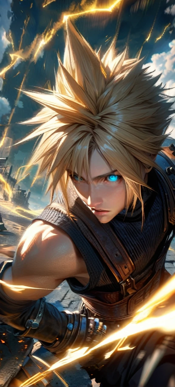 Symetrical,absurdres, highres, ultra detailed, HDR, masterpiece, extremely detailed face and eyes, Cloud Strife,final fantasy 7, yellow hair , , solo, man, handsome, ,, , Epic fight scene, yellow lightning effect, glowing glitters