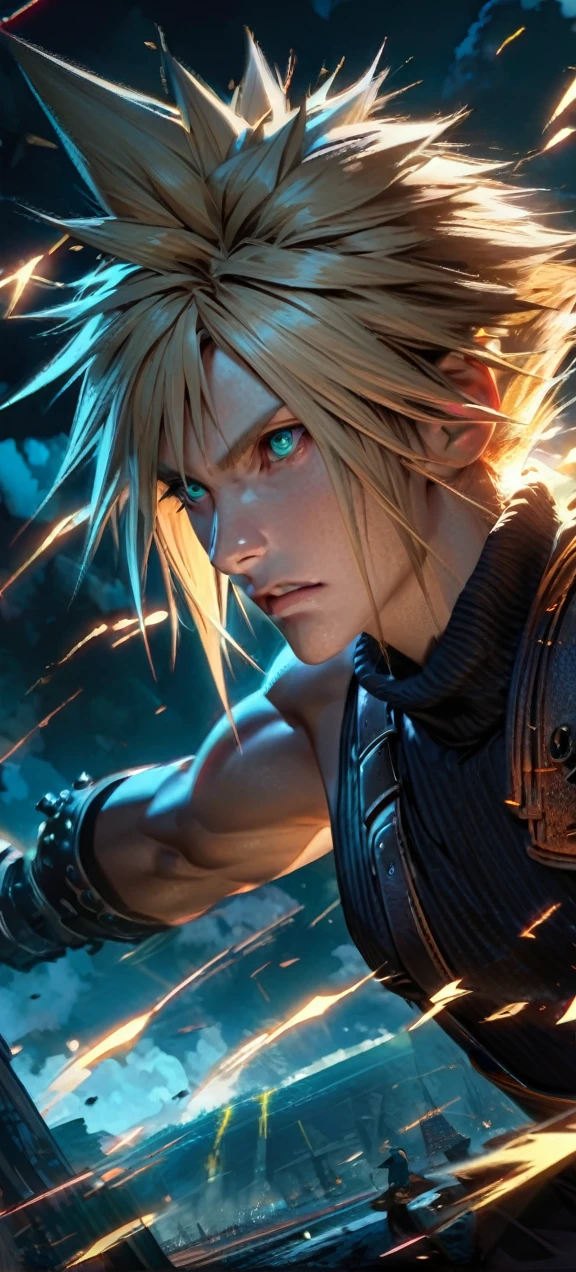 Symetrical,absurdres, highres, ultra detailed, HDR, masterpiece, extremely detailed face and eyes, Cloud Strife,final fantasy 7, yellow hair , , solo, man, handsome, ,, , Epic fight scene, yellow lightning effect, glowing glitters
