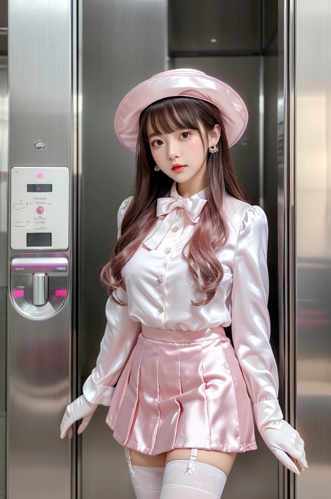 Highest quality、Elevator Girl、Shiny pink silk jacket、White blouse with ribbon、Round collar、Micro Mini Skirt、A small round hat with a ribbon、Skinny、White gloves、White over-the-knee socks、Flushed Cheeks、Embarrassed look、Big Breasts、Pull the skirt down with your hands