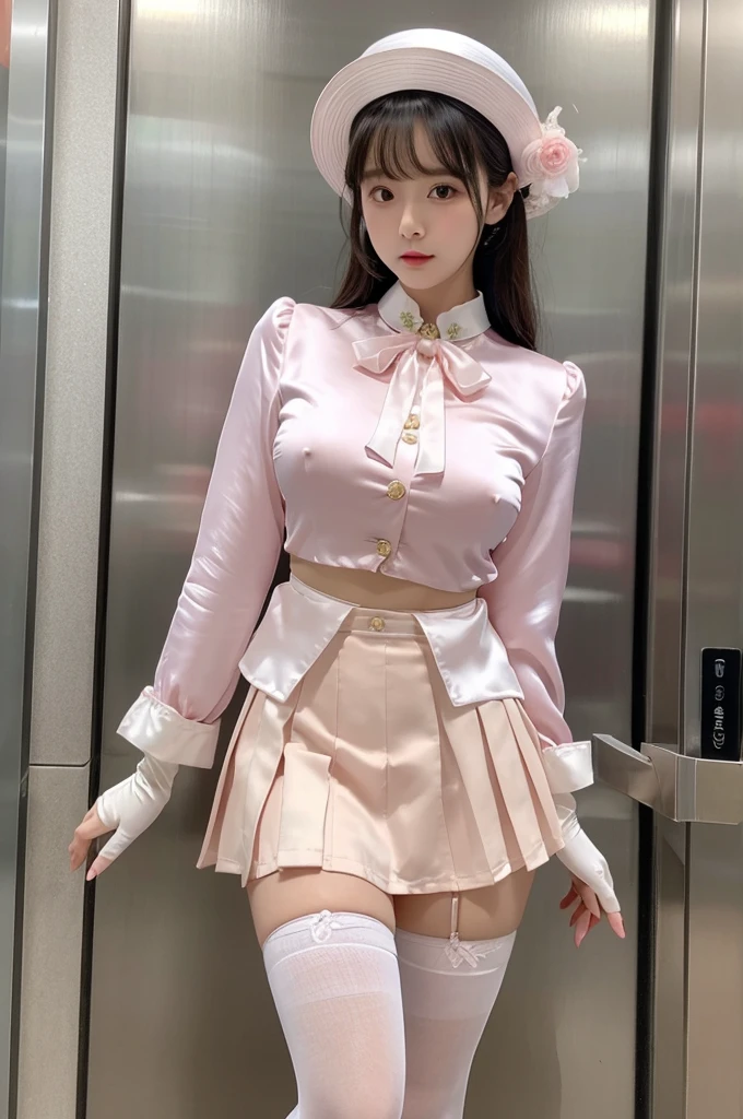 Highest quality、Elevator Girl、Shiny pink silk jacket、White blouse with ribbon、Round collar、Micro Mini Skirt、A small round hat with a ribbon、Skinny、White gloves、White over-the-knee socks、Flushed Cheeks、Embarrassed look、Big Breasts、Pull the skirt down with your hands