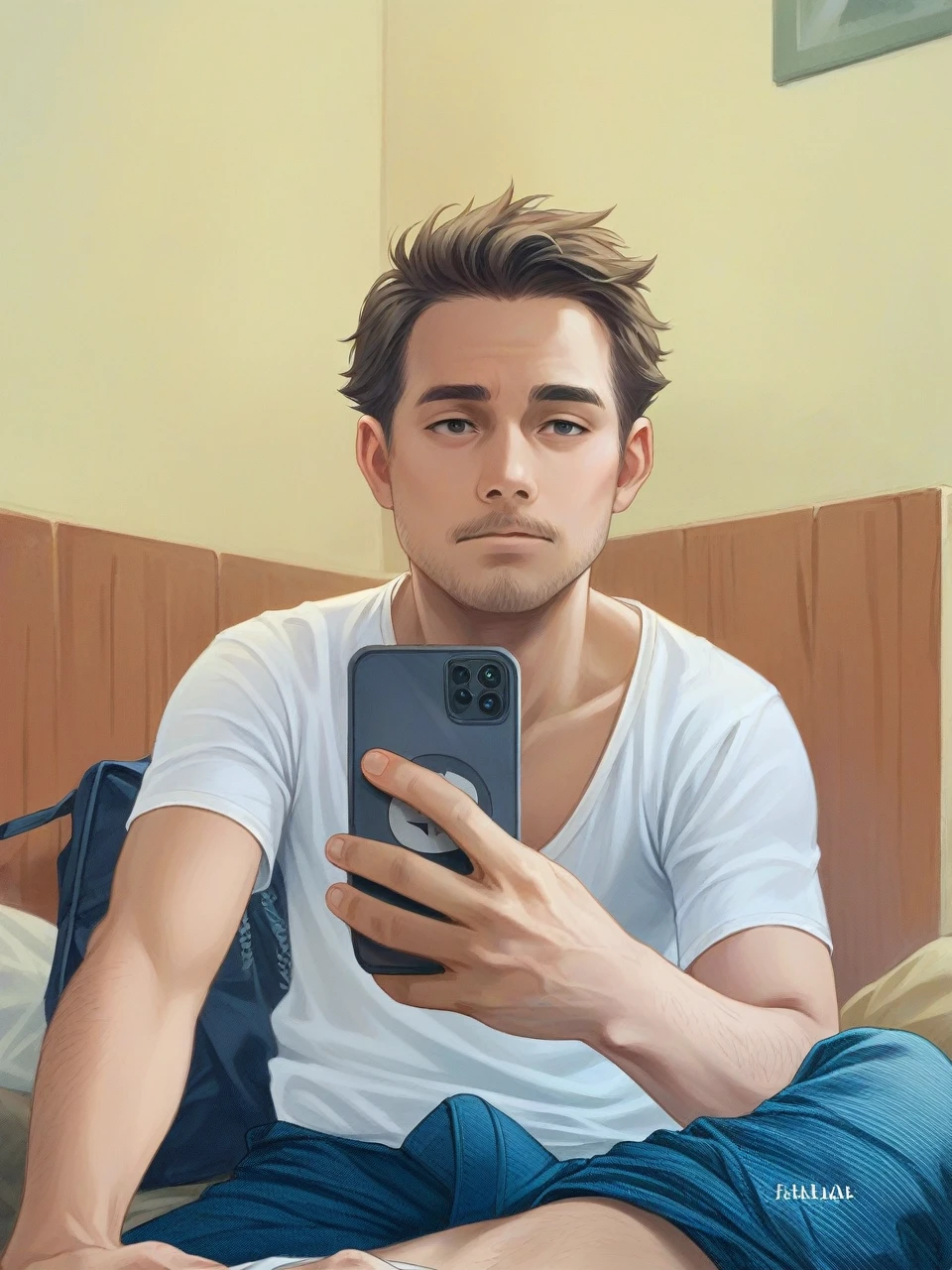 Create a 3D illustration of an animated character boy sitting casually on top of a social media logo facebook. The character boy must wear a shirt and pant, with white shoes. To the boy's left, there is a smartphone that displays a Facebook profile. The background of the image is a social media profile page with a user name Oo Kyaw Gyi and a profile picture that match.4k high quality, realistic, make 3 pictures