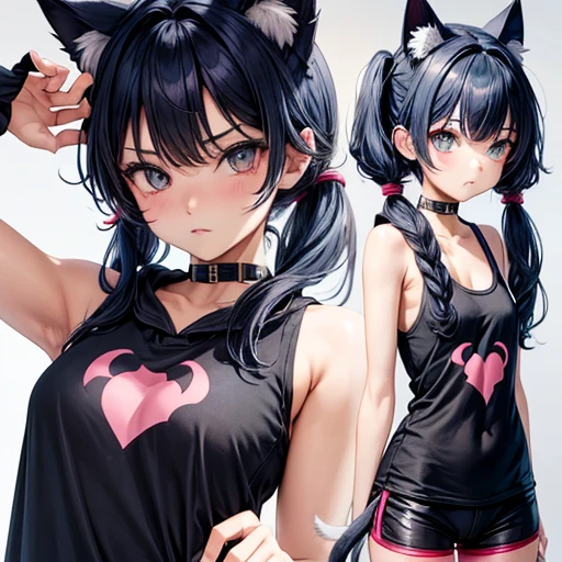 masterpiece,One Girl,alone ,Heart-shaped pupils,Open the front,hoodie,,  Eating curry　Dark blue hair girl, Cat ears and tail, Wearing a tank top and racing pants.　Loli body type　　Twin tails　　Flat Chest　Stern expression　