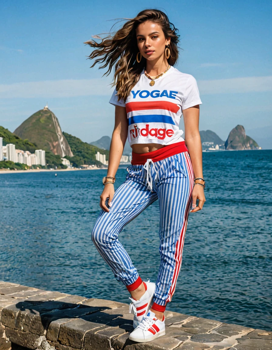 photo of a beautiful brunette woman with golden highlights in her hair wearing blue and white striped pants, a tshirt written yogage in red, Wearing adidas sneakers, golden collars, bracelets and earring, with a slut in her hair, landing near the shore of Rio de Janeiro