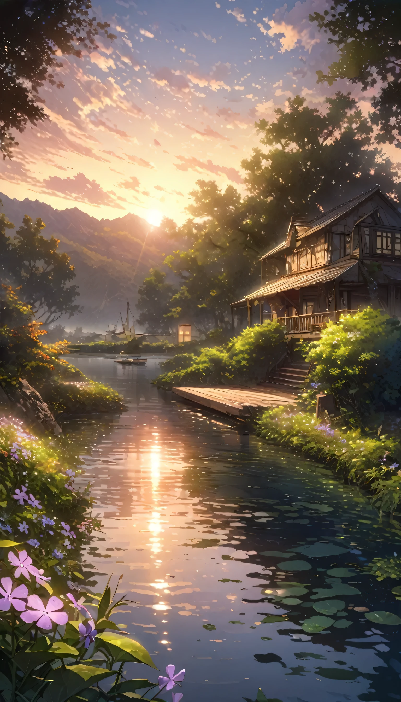 Detailed background,( Quiet spring night scenery), In the lush greenery, Beautiful scenery, Creeping Phlox in full bloom, Creeping Phlox, early morning, sunrise sky, Beautiful clouds, Dappled sunlight, Outdoor seating, a lamp, Tranquil lake, ship on lake, Depth of Field, masterpiece, best quality, Extremely detailed, very beautiful, illustration, Perfect composition, Intricate details, absurd, Mood lighting, A ray of light, No humans,Ray Tracing