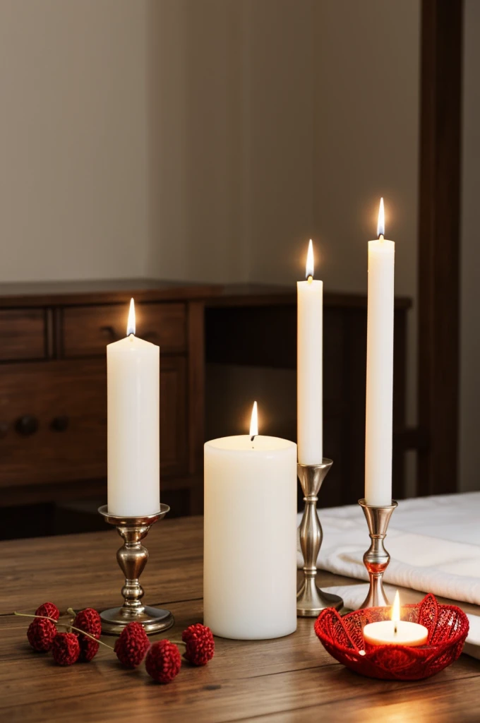 Background of a white candle with small red candles next to it