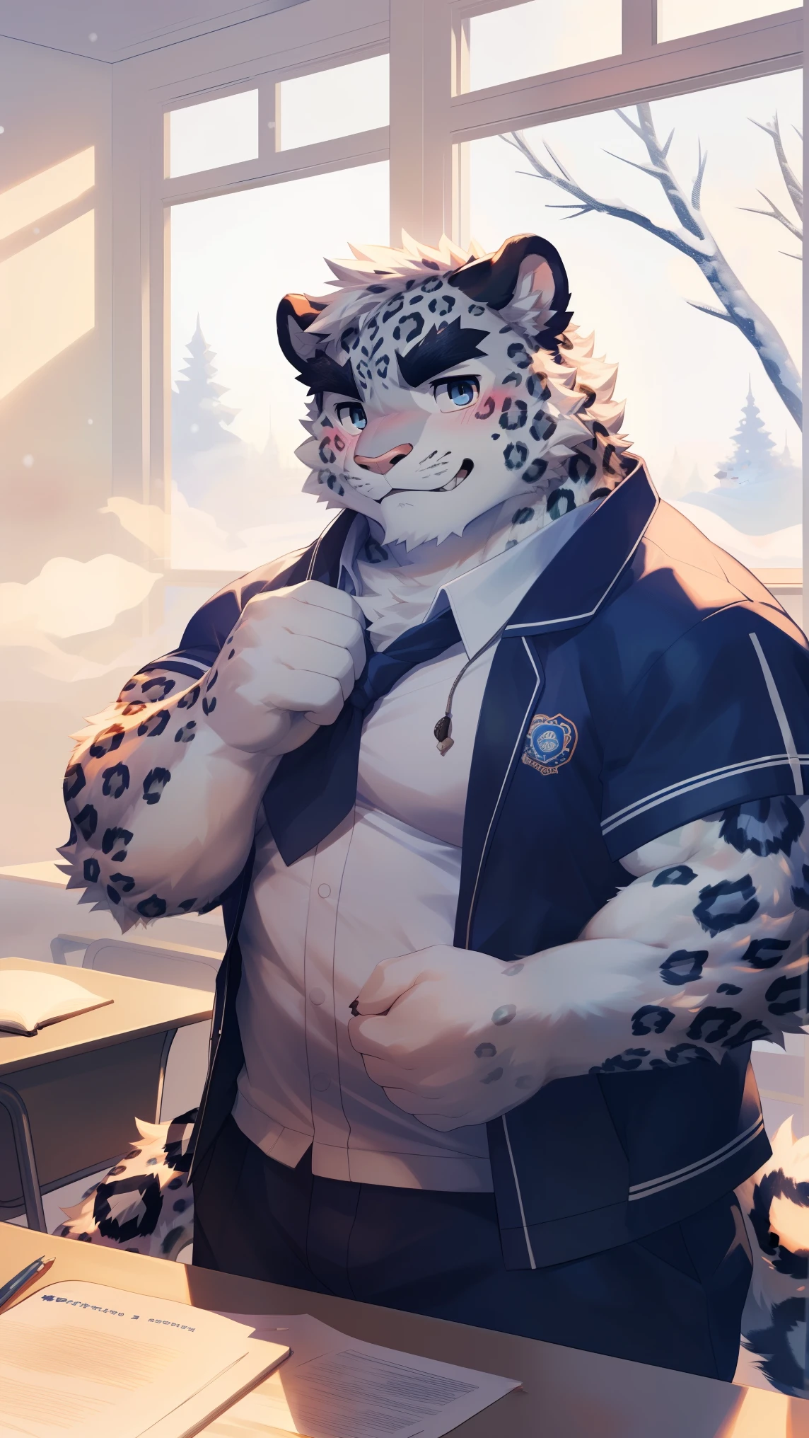 (Vision:1.5), solitary, anthropology, hairy, hairy male, snow leopard, ((Fluffy fur, Fluffy, hairy body)), (snow leopard print), (Thick eyebrows), youth, muscular, White and big skin, Blue-gray pupils, Detailed teeth, defaced face, fundos, student, 灰紫色student, Small bump, In classrooms, Do homework, sideways, Shy expression, A faint smile, blush, (Dynamic poses:1.5), Clear facial features, Strong, majestic, alone, panoramic, Fog atmosphere, early morning, Tyndall light effect, In classrooms, Sunlight through the window(By Empty Ghost, From snow leopard20, masterpiece, high quality, high resolution,8K)