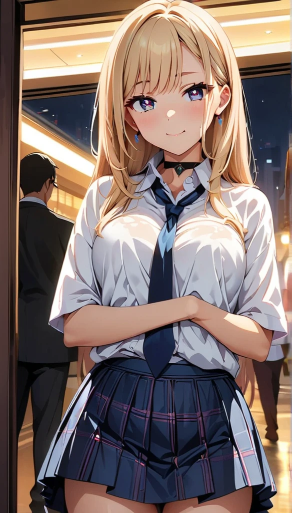(highest quality:1.2, Anime artwork, Very detailed, High Detail, digital coloring, High Contrast, masterpiece:1.2, highest quality, Best aesthetics), (((kitagawa marin, 1 girl))), Black Hair, Straight long hair, Pink gradient hair,heart shaped pupils,hotel, Earrings, White shirt, Black choker, Blue tie, Checked skirt, Pouting, slouch, Are standing, Cowboy Shot, bustling street, lift skirt myself,skirt lift,show panty,panty,lingerie,embrassing,hot,looking at viewer