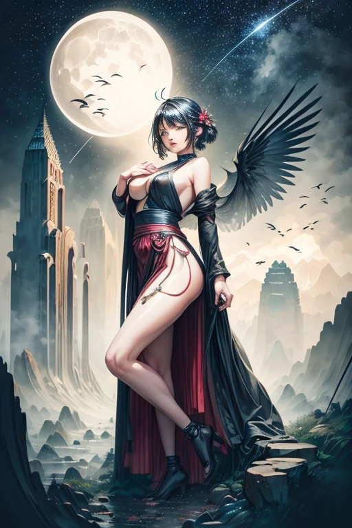A crow, night scene background, , Mysterious clouds, expression of surprise, incredible views, Unavailable, in the sky, legend, stars illuminating the night sky, Fly free, adventure, terraces, High mountains, Amazing sunset, Fly as much as you want, Through the clouds, Spirit of adventure, Shocking scene with wings spread, Huge starry sky, fusion of tradition and modernity./masterpiece Illustration, high quality, 8k, high resolution, by hajime sorayama, ink