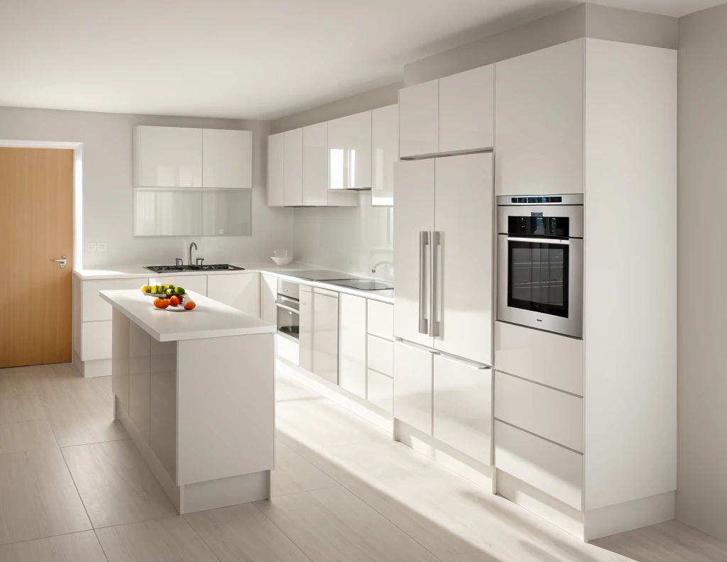 kitchen interior, modern style, white cabinet, neutral color scheme, fa fridge, window, door, beautiful lighting, (realistic:1.2), Raw photo,Masterpiece, high quality, best quality, authentic, super detail,