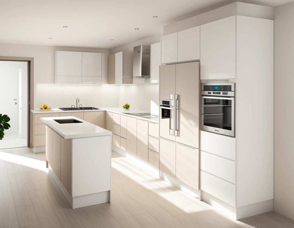 kitchen interior, modern style, white cabinet, neutral color scheme, fa fridge, window, door, beautiful lighting, (realistic:1.2), Raw photo,Masterpiece, high quality, best quality, authentic, super detail,